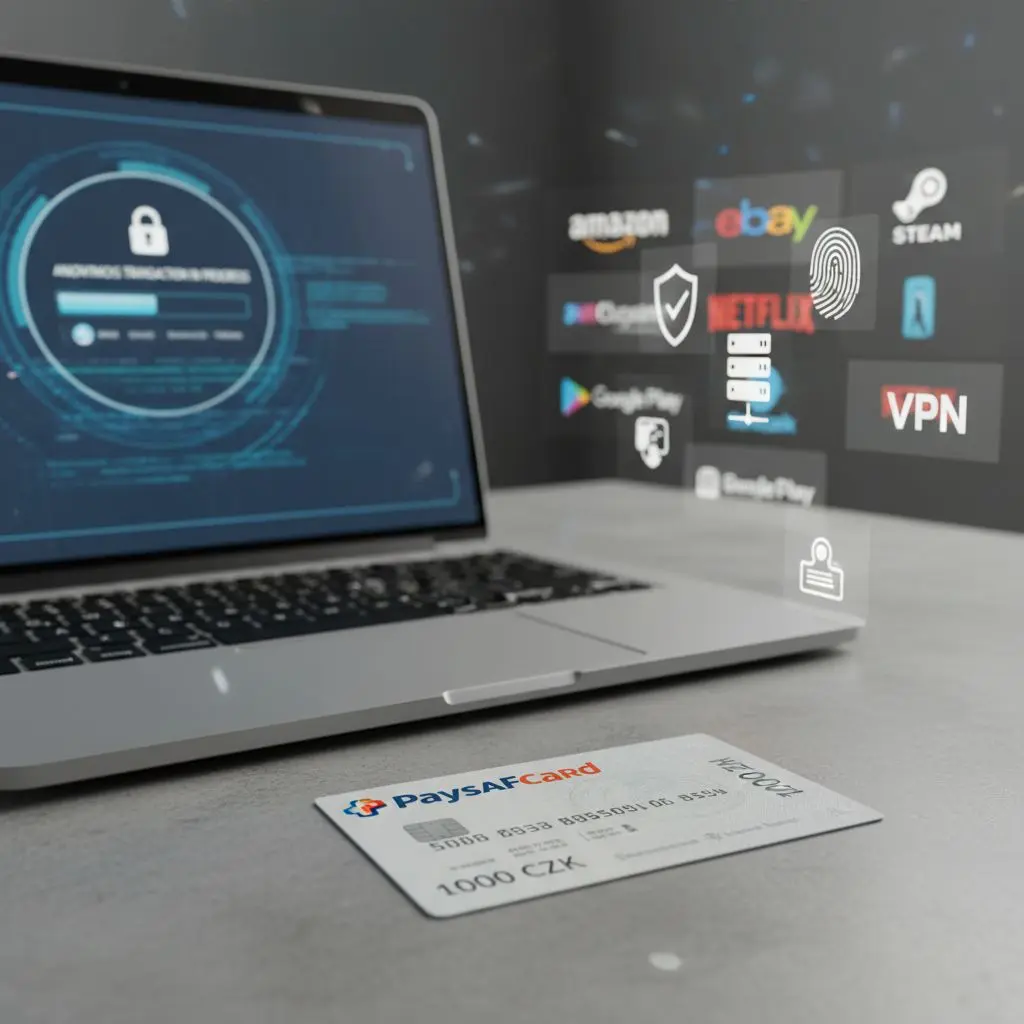 Detail paysafecard 1000 Kč vedle notebooku demonstrující online platbu bez osobních údajů